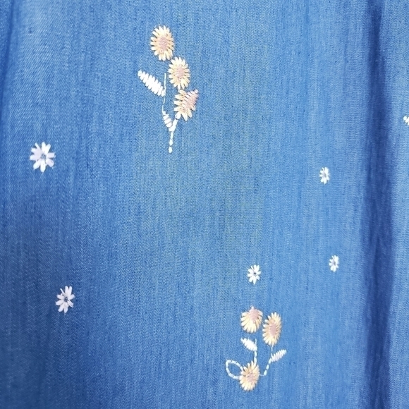 Cece Chambray Denim Sunflower Embroidery Spaghetti Straps Dress - Picture 5 of 9